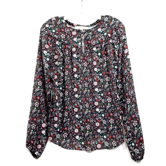Loft Floral Long Sleeve Blouse Black/Red/White/Green Size Medium - Picture 1 of 4